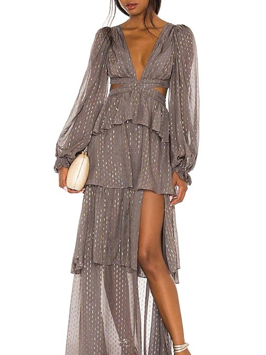 For Love And Lemons Dresses & Skirts - For Love & Lemons Taupe Maxi Dress with Gold Dot Detail
